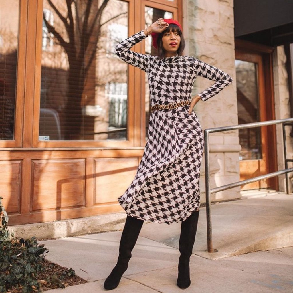 Nwt $169 Ann Taylor Sz0 Houndstooth Blog Fave! Mock Neck Midi Dress Black White